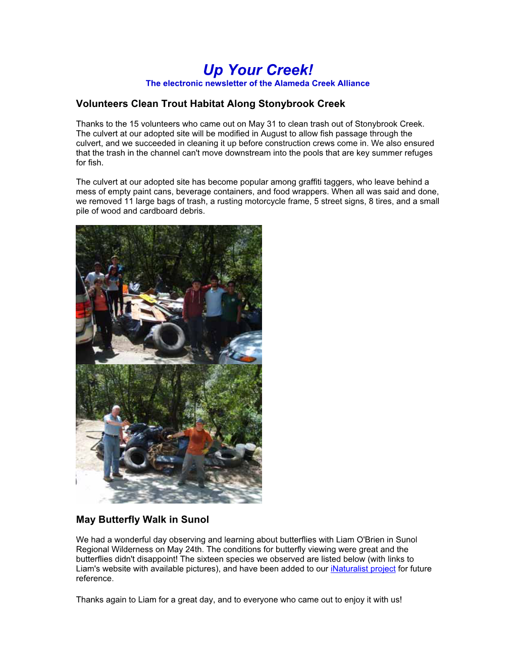 Up Your Creek! the Electronic Newsletter of the Alameda Creek Alliance