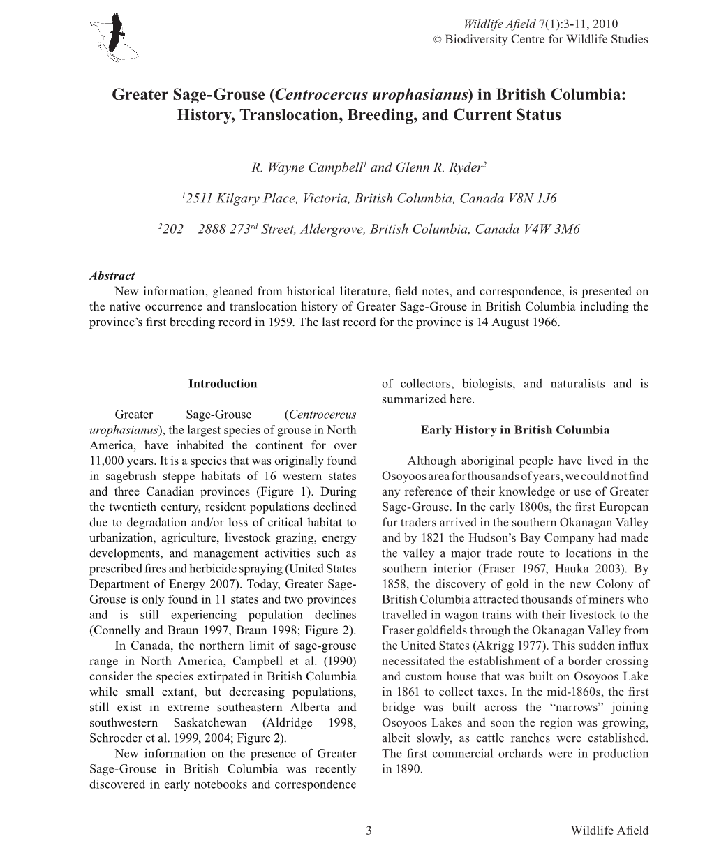 Greater Sage-Grouse (Centrocercus Urophasianus) in British Columbia: History, Translocation, Breeding, and Current Status