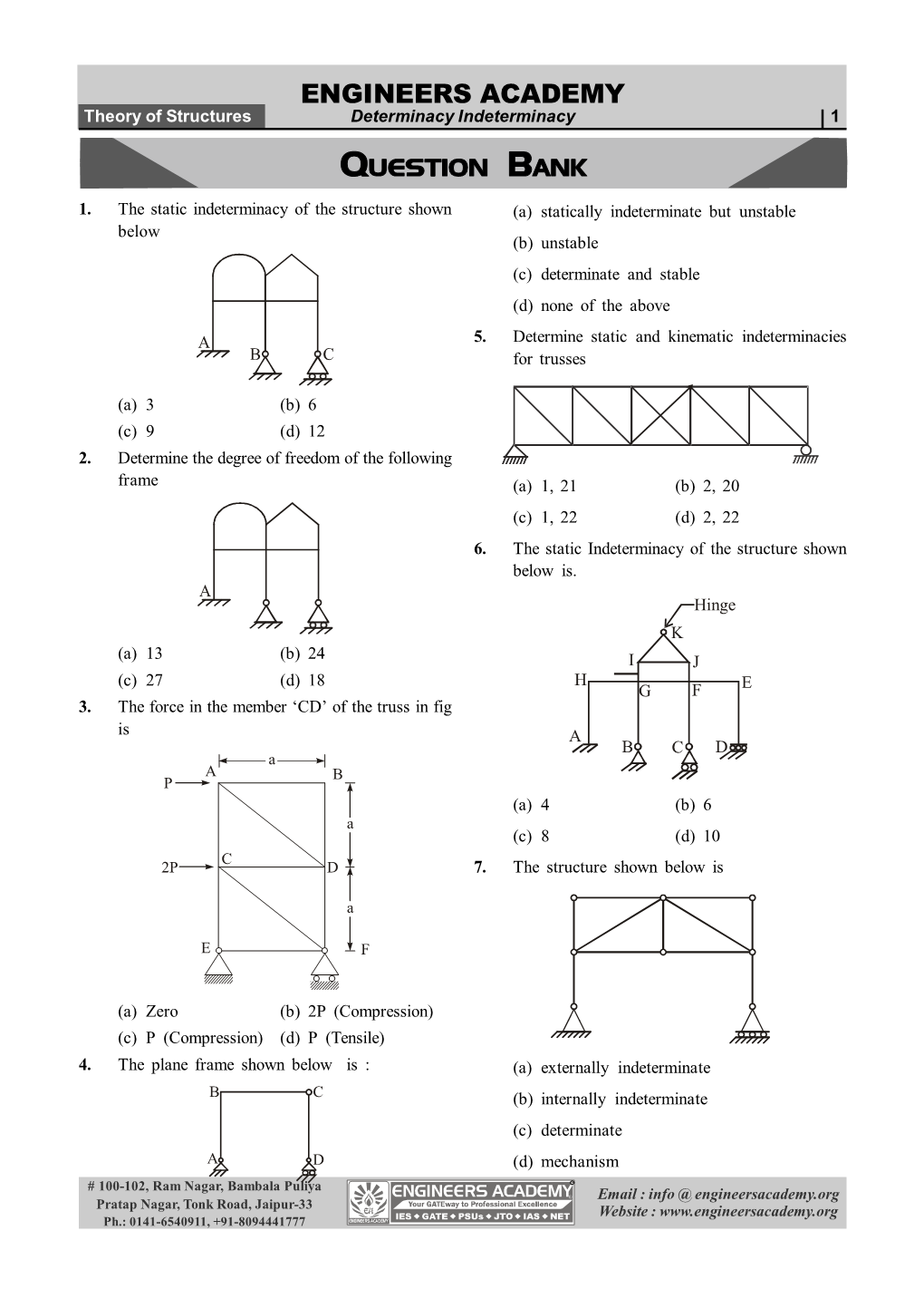 ENGINEERS ACADEMY Theory of Structures Determinacy Indeterminacy | 1