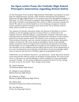 An Open Letter from the Catholic High School Principal's Association