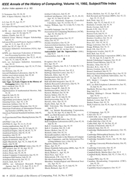 EEE Anna/S of the History of Computing, Volume 14, 1992, Subject/Title Index (Author Index Appears on P