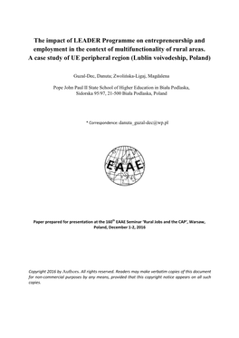The Impact of LEADER Programme on Entrepreneurship and Employment in the Context of Multifunctionality of Rural Areas