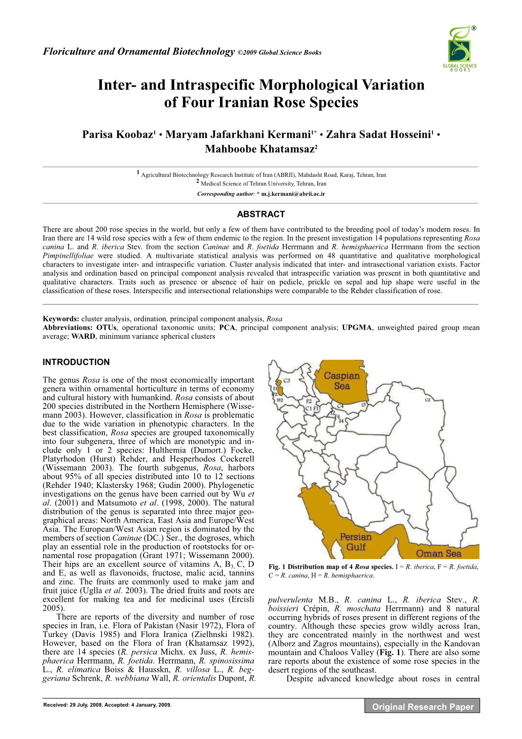 And Intraspecific Morphological Variation of Four Iranian Rose Species