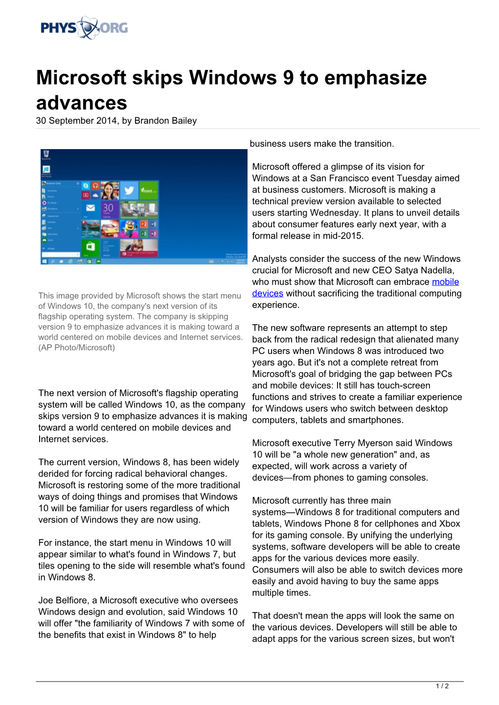 Microsoft Skips Windows 9 to Emphasize Advances 30 September 2014, by Brandon Bailey