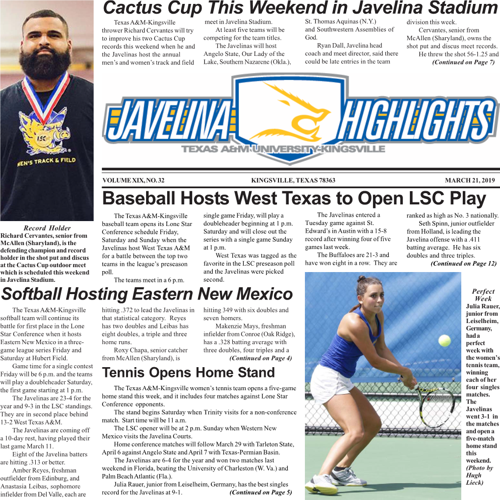 Cactus Cup This Weekend in Javelina Stadium Baseball Hosts West Texas to Open LSC Play