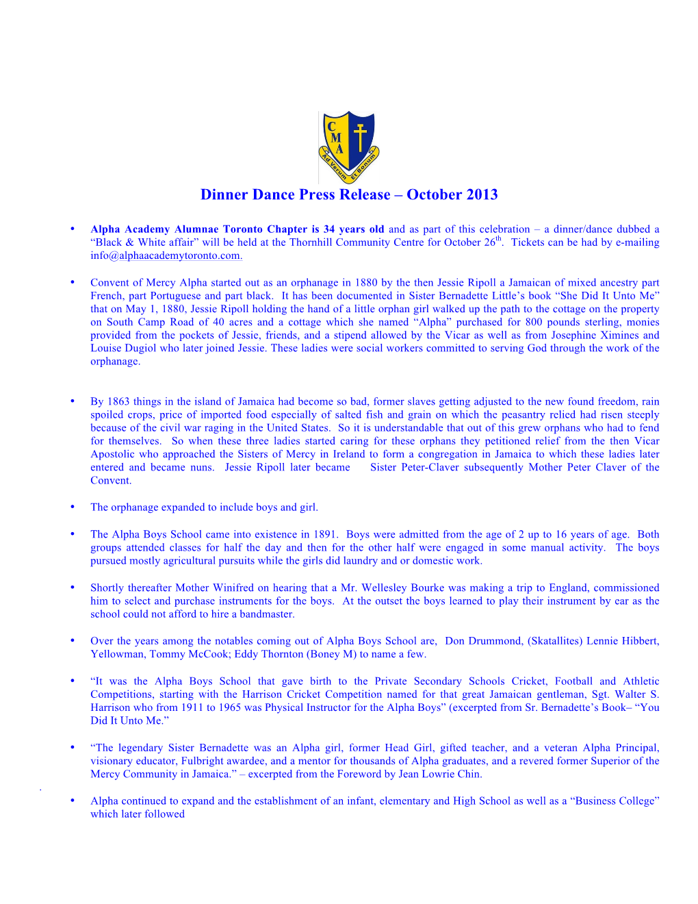 AAAA Toronto Dinner Dance Press Release 2013