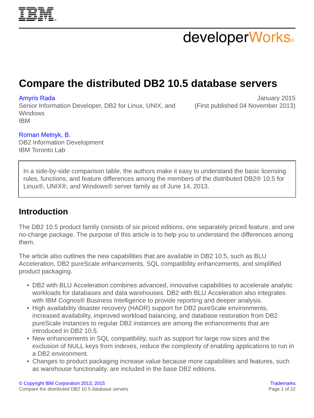 Compare the Distributed DB2 10.5 Database Servers