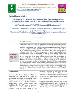 Assessment of Severity and Distribution of Ring Spot and Brown Spot Diseases in Major Sugarcane Growing Districts of Northern Karnataka