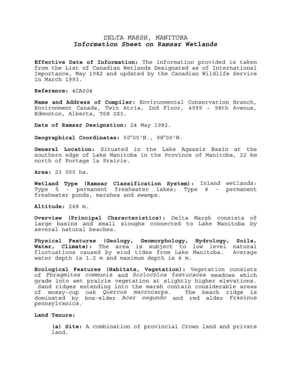 DELTA MARSH, MANITOBA Information Sheet on Ramsar Wetlands