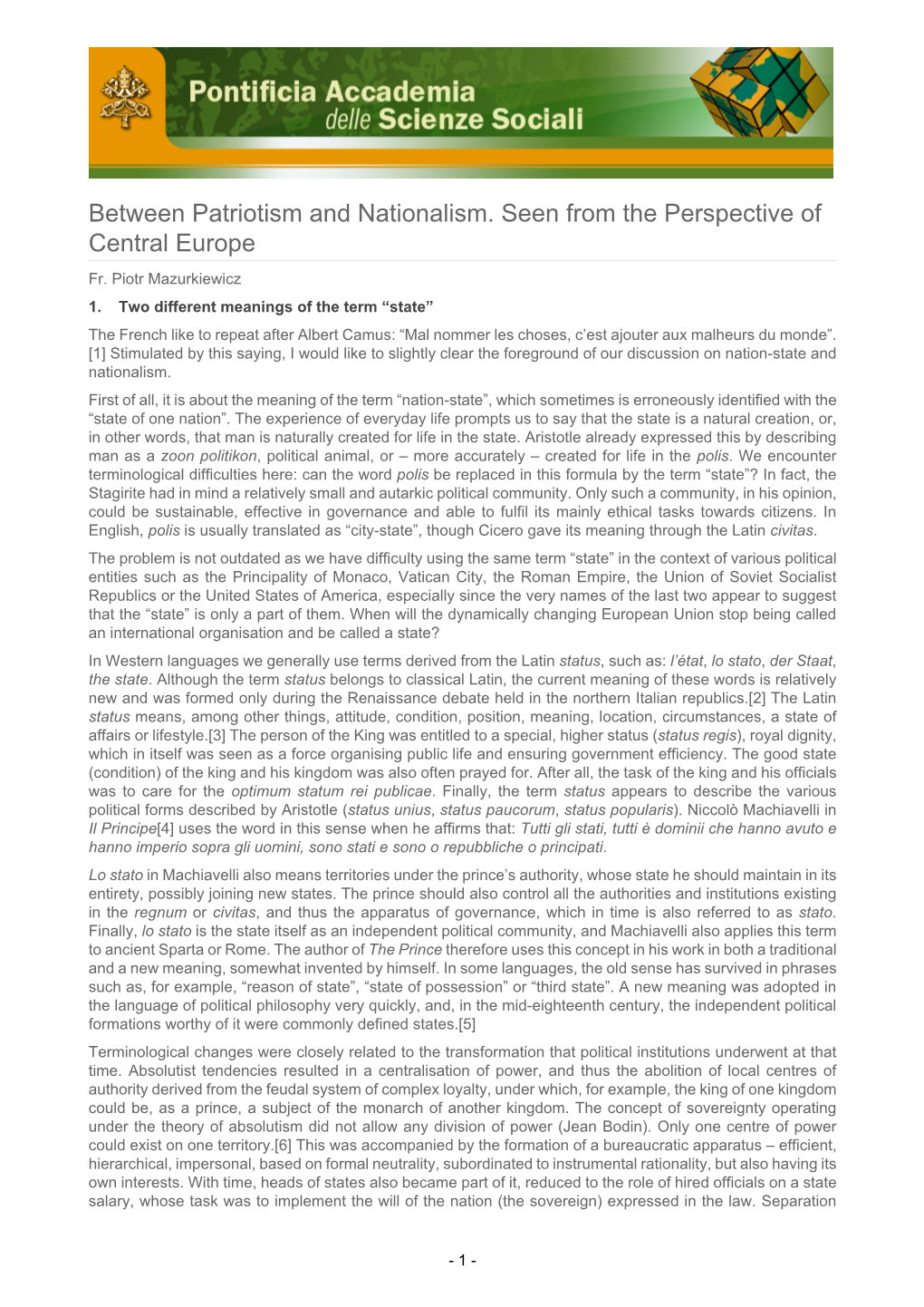 Between Patriotism and Nationalism. Seen from the Perspective of Central Europe Fr