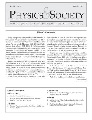 Physics Society a Publication of the Forum on Physics And& Society • a Forum of the American Physical Society