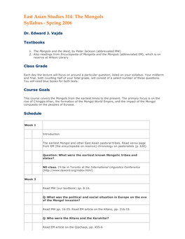 East Asian Studies 314: the Mongols Syllabus - Spring 2006