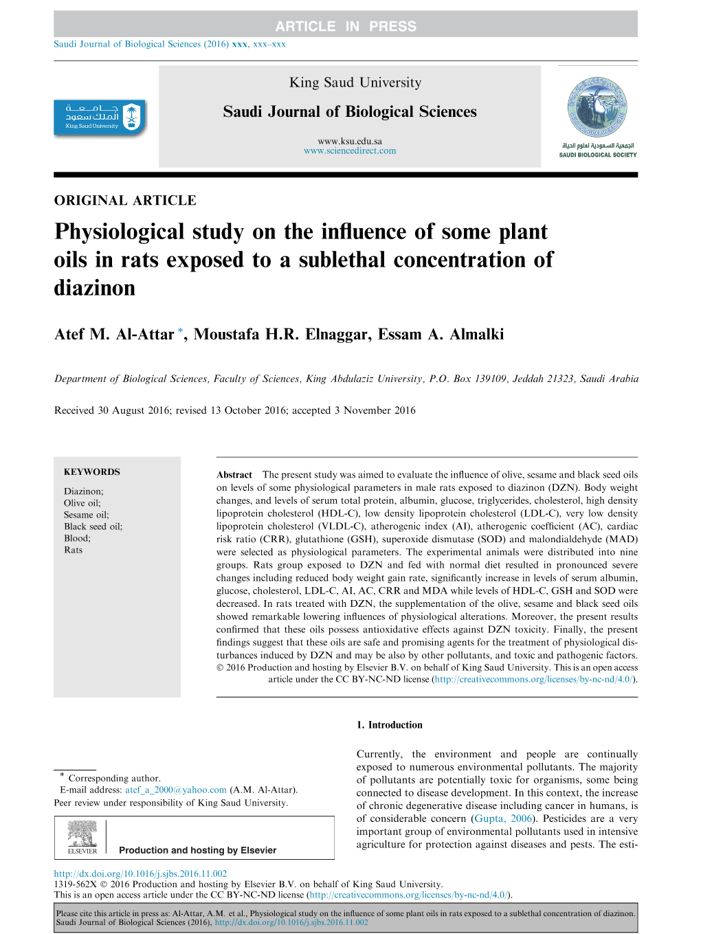 Physiological Study on the Influence of Some Plant Oils in Rats Exposed to A