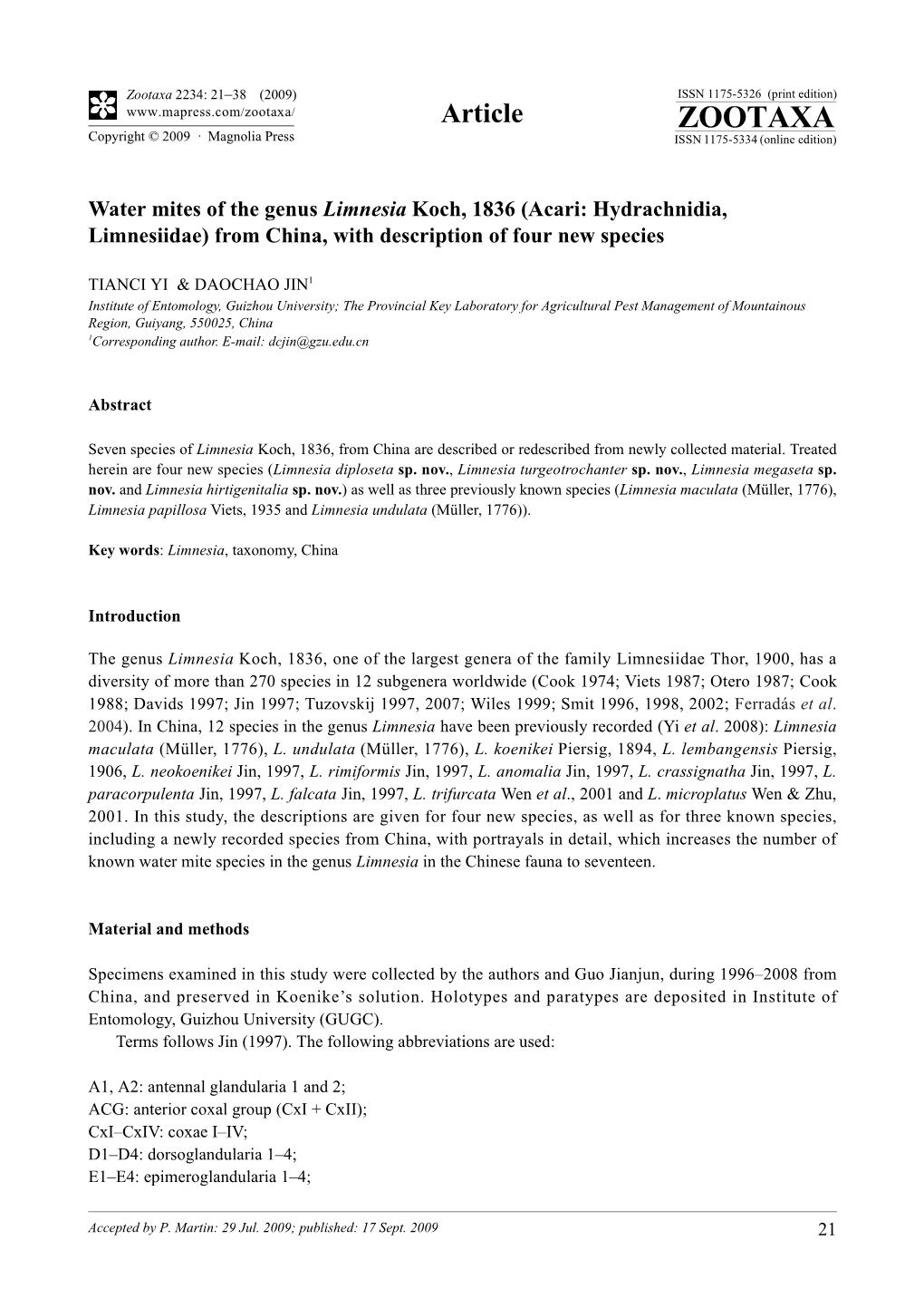 Zootaxa, Water Mites of the Genus Limnesia Koch