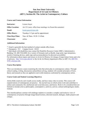 San Jose State University Department of Art and Art History ART 2, Section 04: the Artist in Contemporary Culture