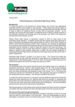 January 2016 Potential Expansion of Greenford High