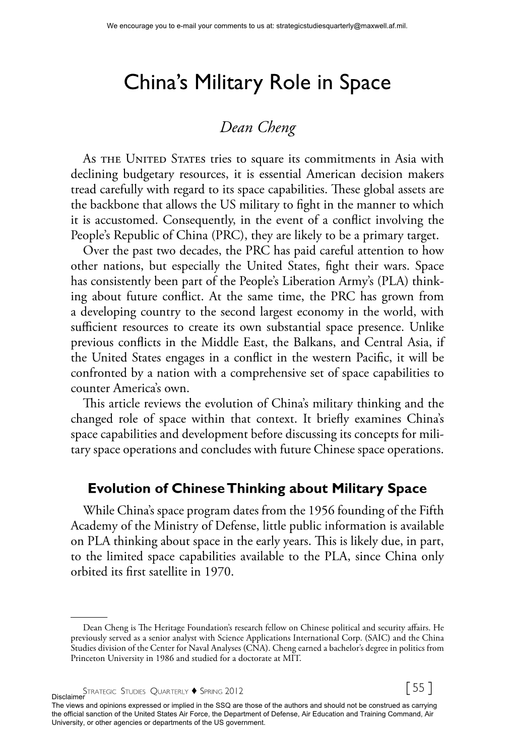 China's Military Role in Space