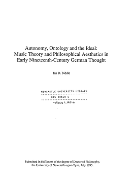 Autonomy, Ontology and the Ideal: Music Theory and Philosophical Aesthetics in Early Nineteenth-Century German Thought