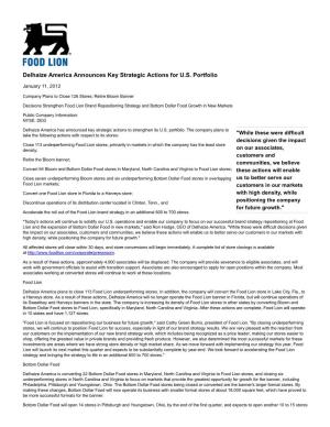 Delhaize America Announces Key Strategic Actions for U.S. Portfolio