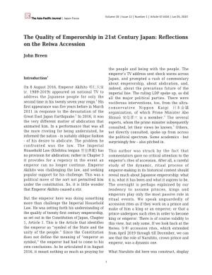 The Quality of Emperorship in 21St Century Japan: Reflections on the Reiwa Accession