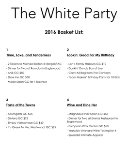 2016 the White Party Basket List for Print