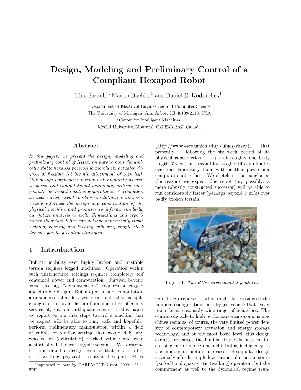 Design, Modeling and Preliminary Control of a Compliant Hexapod Robot