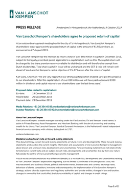 PRESS RELEASE Van Lanschot Kempen's Shareholders Agree To