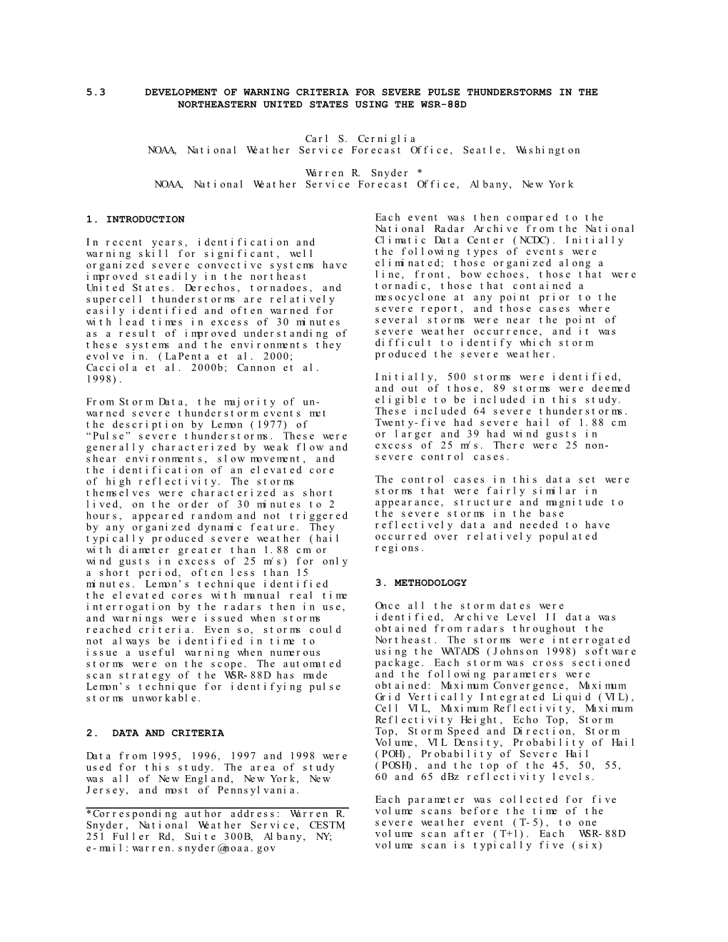 5.3 Development of Warning Criteria for Severe Pulse Thunderstorms in the Northeastern United States Using the Wsr-88D