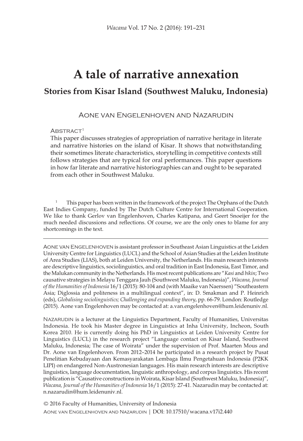 A Tale of Narrative Annexation Stories from Kisar Island (Southwest Maluku, Indonesia)