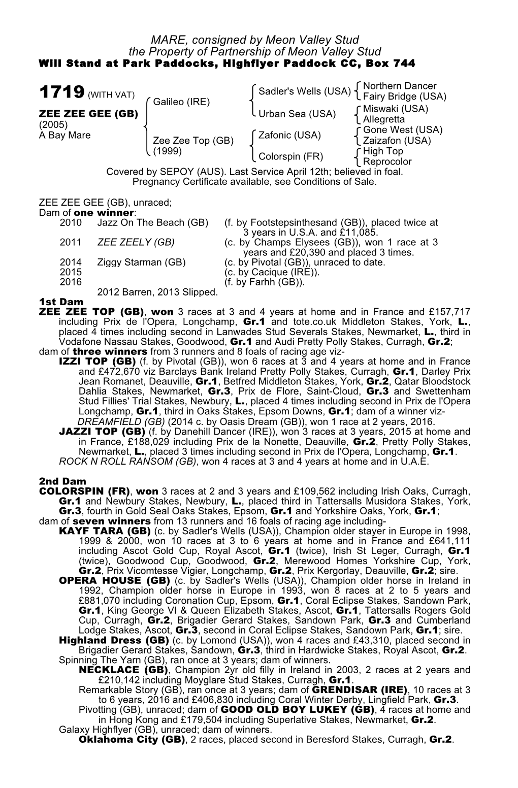 MARE, Consigned by Meon Valley Stud the Property of Partnership of Meon Valley Stud Will Stand at Park Paddocks, Highflyer Paddock CC, Box 744