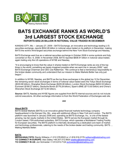 BATS EXCHANGE RANKS AS WORLD's 3Rd LARGEST STOCK