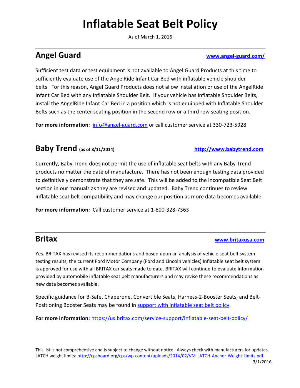 Inflatable Seat Belt Policy As of March 1, 2016