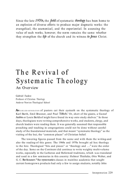 The Revival of Systematic Theology an Overview