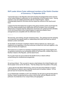 DUP Leader Arlene Foster Addressed Members of the Dublin Chamber of Commerce, 17 September 2019