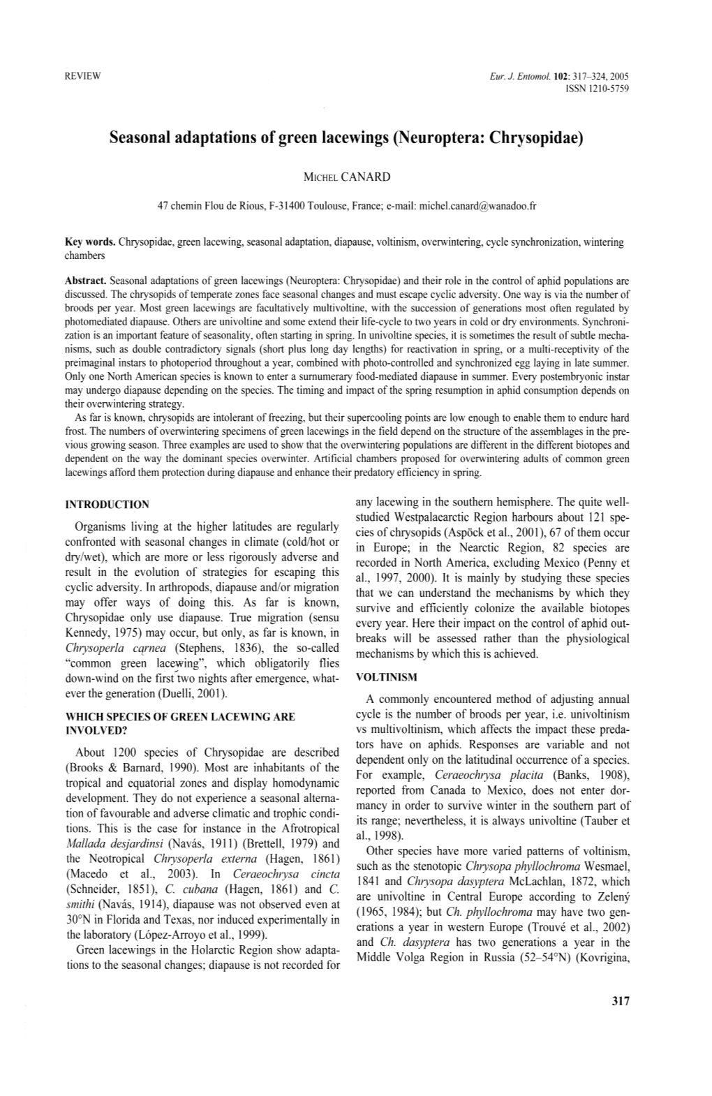 Seasonal Adaptations of Green Lacewings (Neuroptera: Chrysopidae)