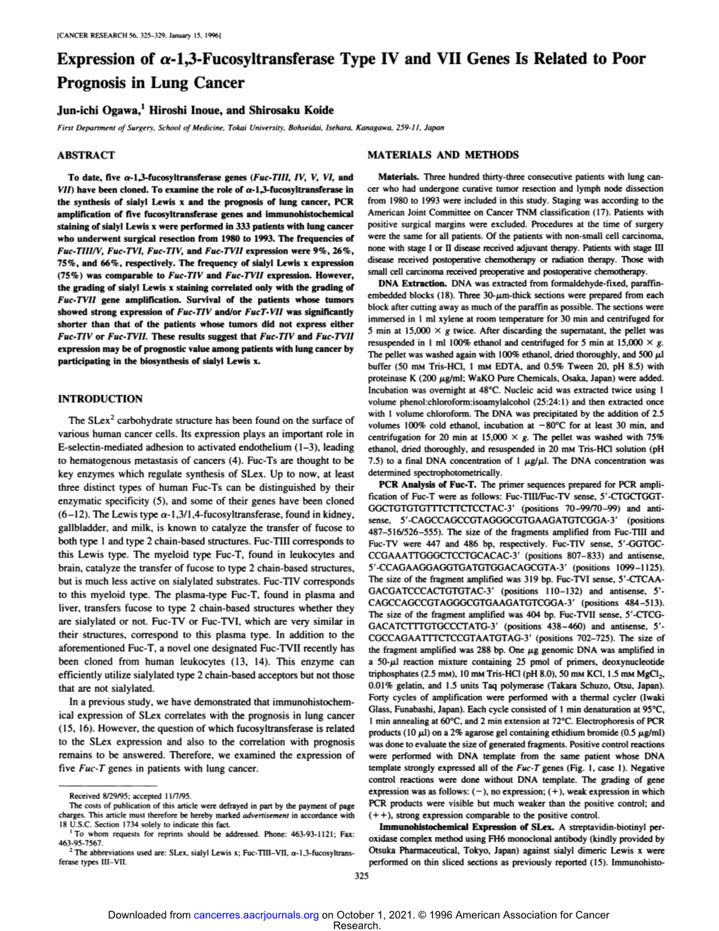 Expression of A-1,3-Fucosyltransferase Type IV and VII Genes Is Related to Poor Prognosis in Lung Cancer