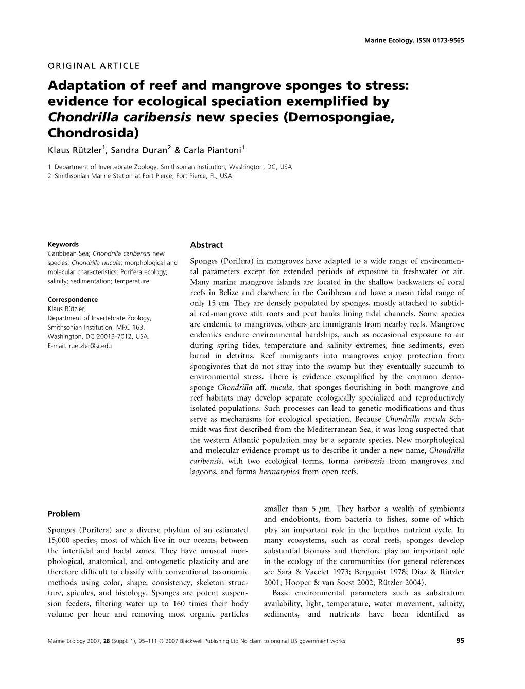 Adaptation of Reef and Mangrove Sponges to Stress