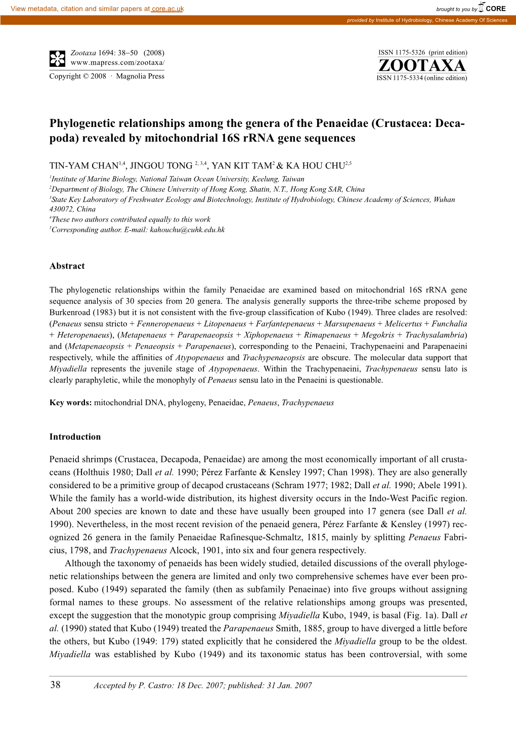 Zootaxa,Phylogenetic Relationships Among the Genera of The