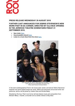 Press Release Wednesday 29 August 2018 Further Cast