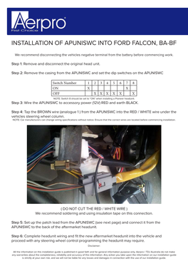 Installation of Apuniswc Into Ford Falcon, Ba-Bf