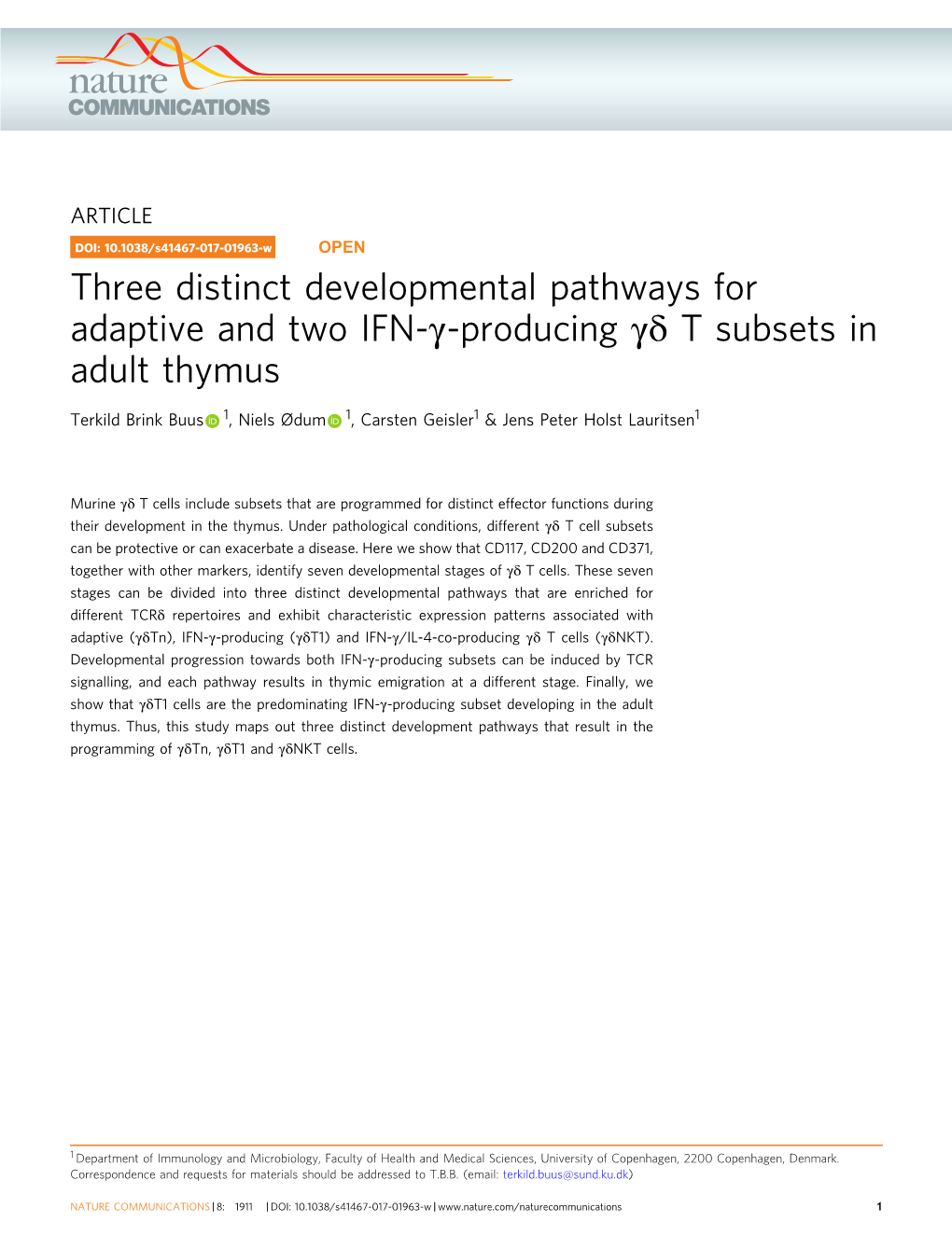 Three Distinct Developmental Pathways for Adaptive and Two IFN-Γ-Producing Γδ T Subsets in Adult Thymus