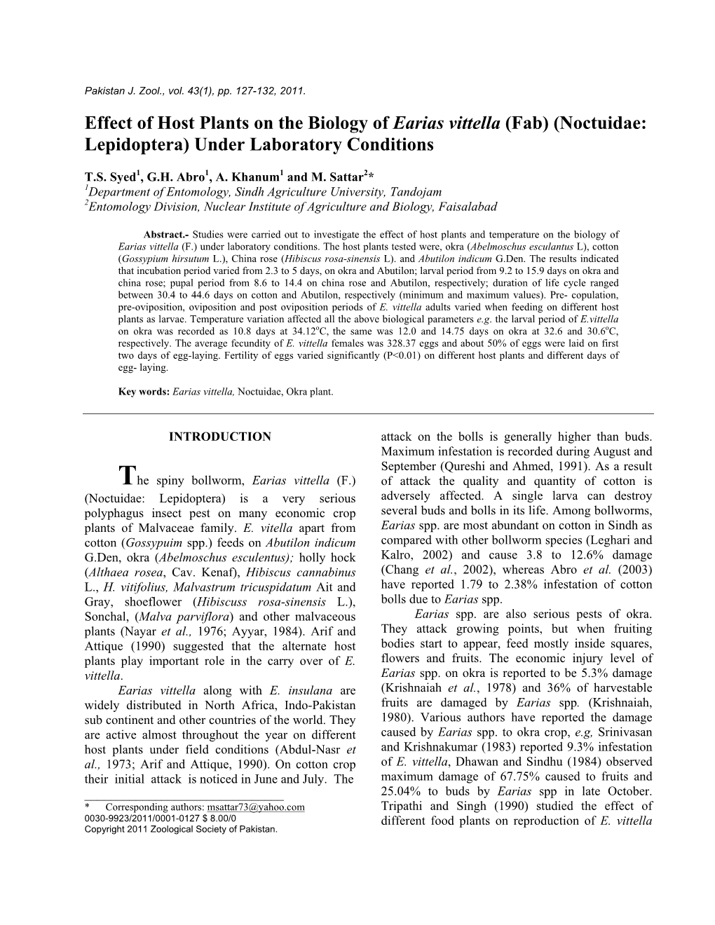 Earias Vittella (Fab) (Noctuidae: Lepidoptera) Under Laboratory Conditions