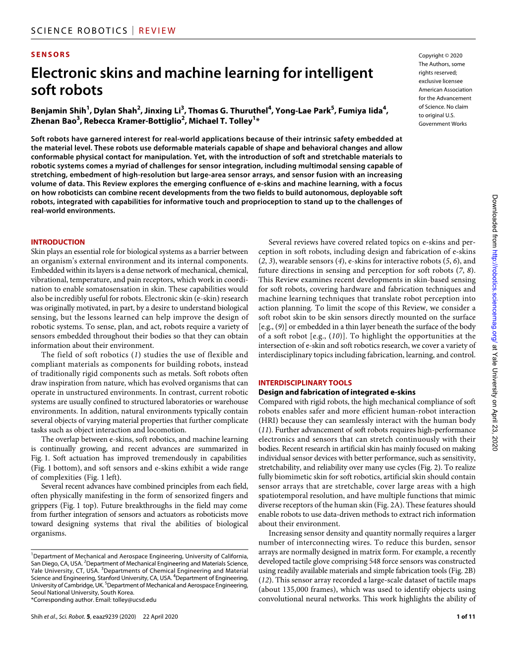 Electronic Skins and Machine Learning for Intelligent Soft Robots. Sci