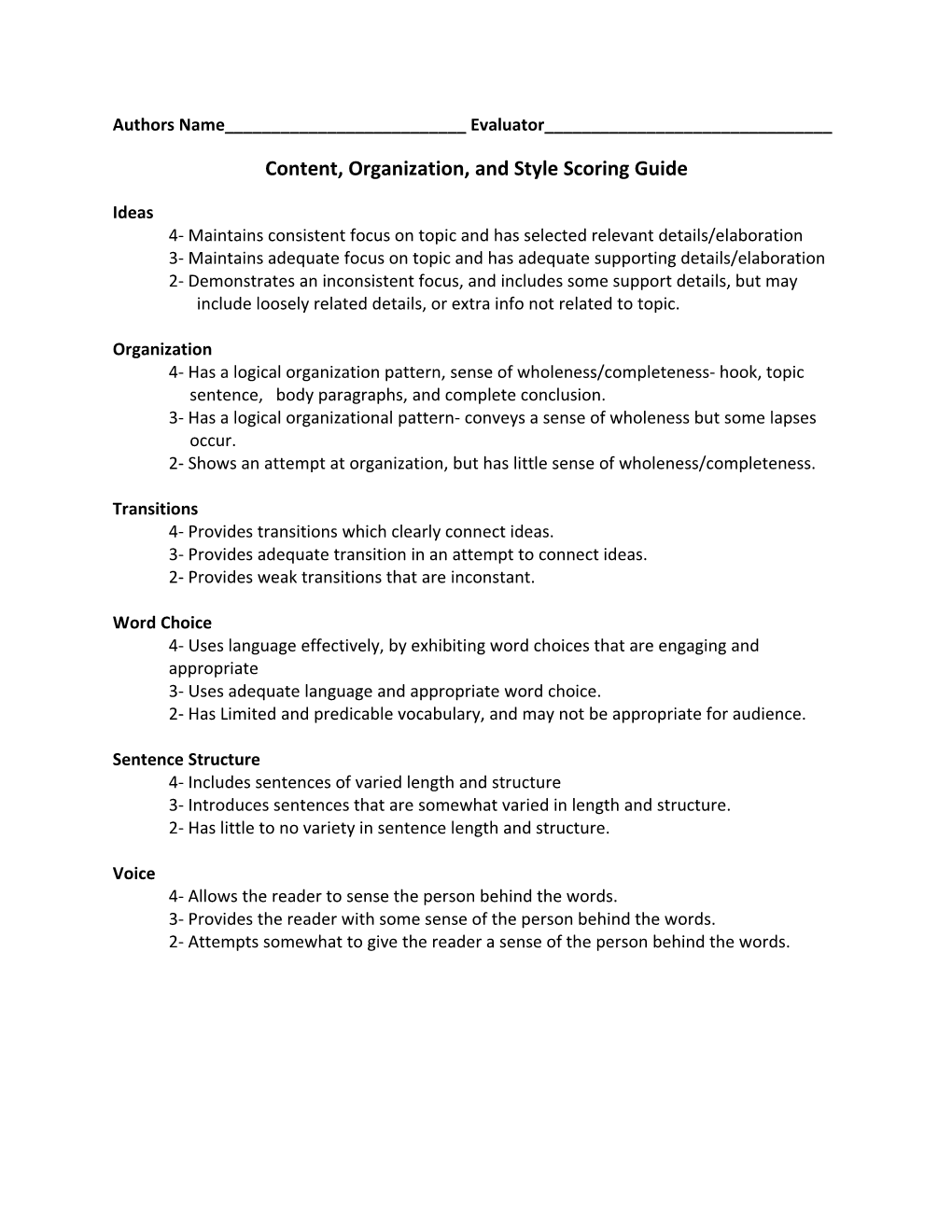 Content, Organization, and Style Scoring Guide