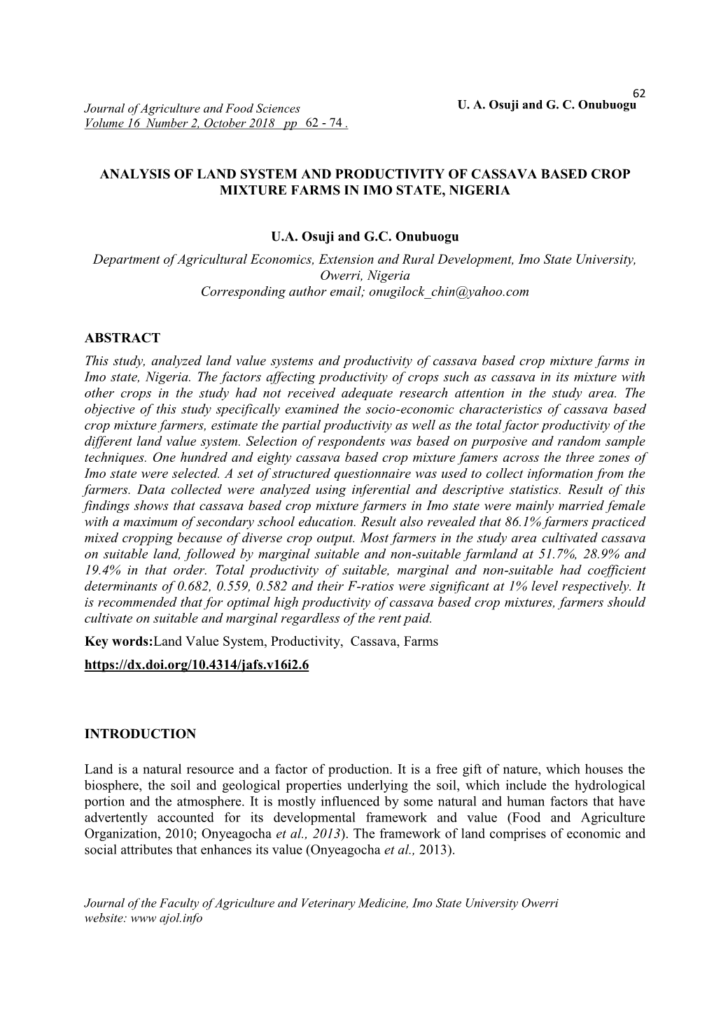 Analysis of Land System and Productivity of Cassava Based Crop Mixture Farms in Imo State, Nigeria