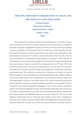 THE TIWA MOVEMENT for IDENTITY in ASSAM and the ISSUE of LAND ALIENATION Krishna Kachari Department of History Abdul Hasib H.S.S., Hojai Nagaon, Assam India