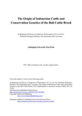 The Origin of Indonesian Cattle and Conservation Genetics of the Bali Cattle Breed