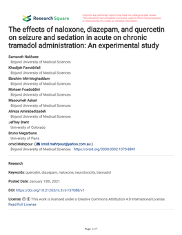 The Effects of Naloxone, Diazepam, and Quercetin on Seizure and Sedation in Acute on Chronic Tramadol Administration: an Experimental Study