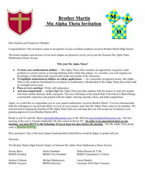 Brother Martin Mu Alpha Theta Invitation