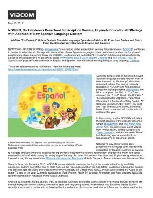 NOGGIN, Nickelodeon's Preschool Subscription Service, Expands Educational Offerings with Addition of New Spanish-Language Content
